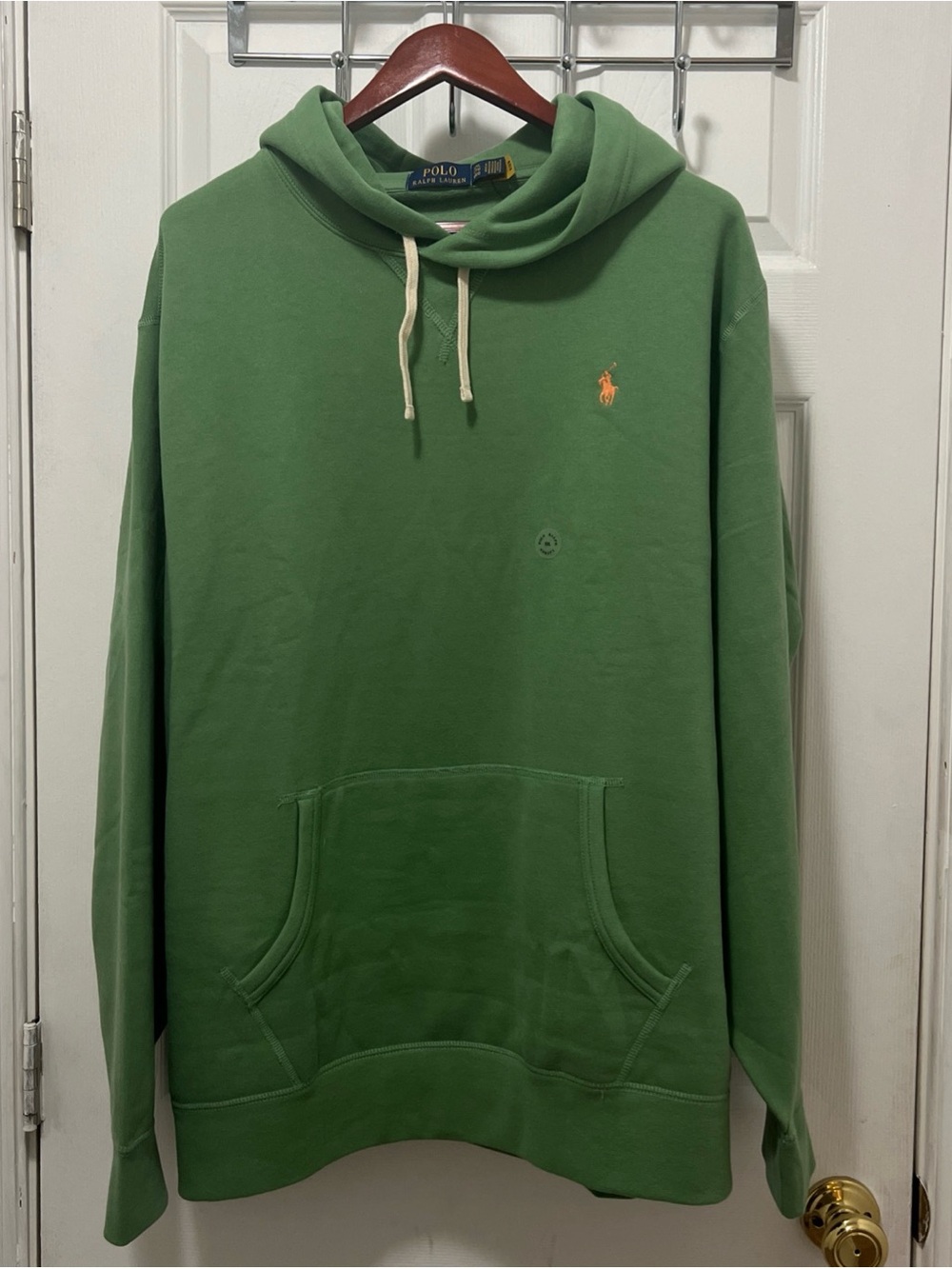 Mens Polo Ralph Lauren Green Color Fleece Hoodie Orange Pony Logo Sz XXL